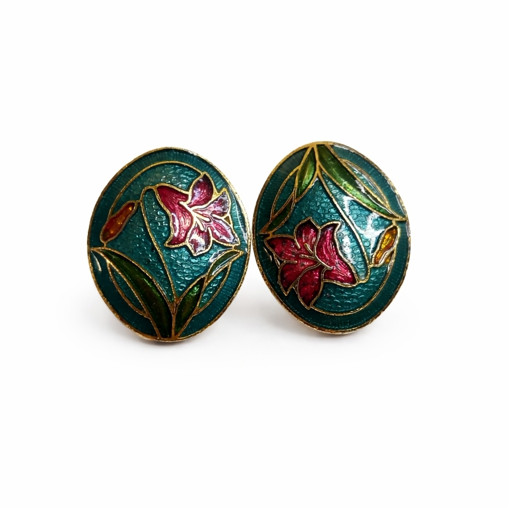Vintage Cloisonné Floral Clip-On Earrings‎